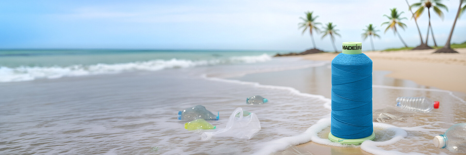 Polyocean spool made from recycled plastic placed on a polluted beach with plastic waste in the water