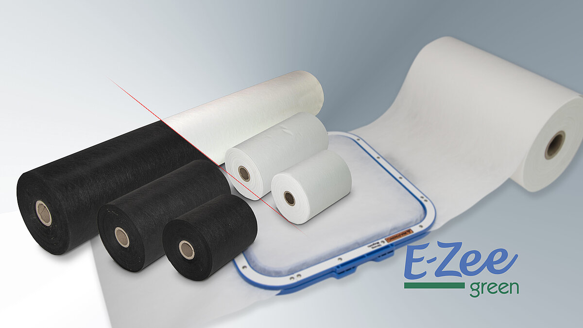 E-ZEE Green Cut rPES embroidery backing on rolls in different widths with an embroidery hoop