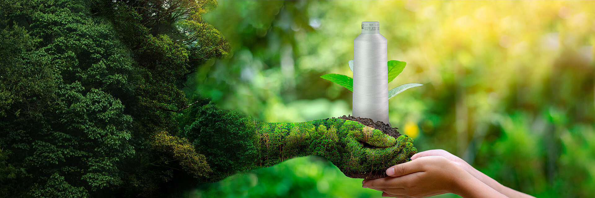 Hände halten eine Kone mit nachhaltigem Lyocell-Stickgarn Hände halten eine Kone mit nachhaltigem Lyocell-Stickgarn