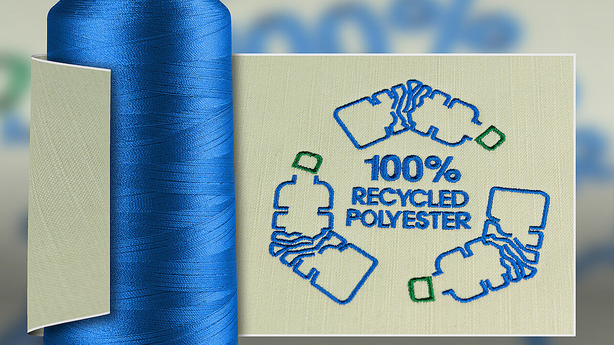 blue thread cone of Polyneon Green and embroidered recycling logo