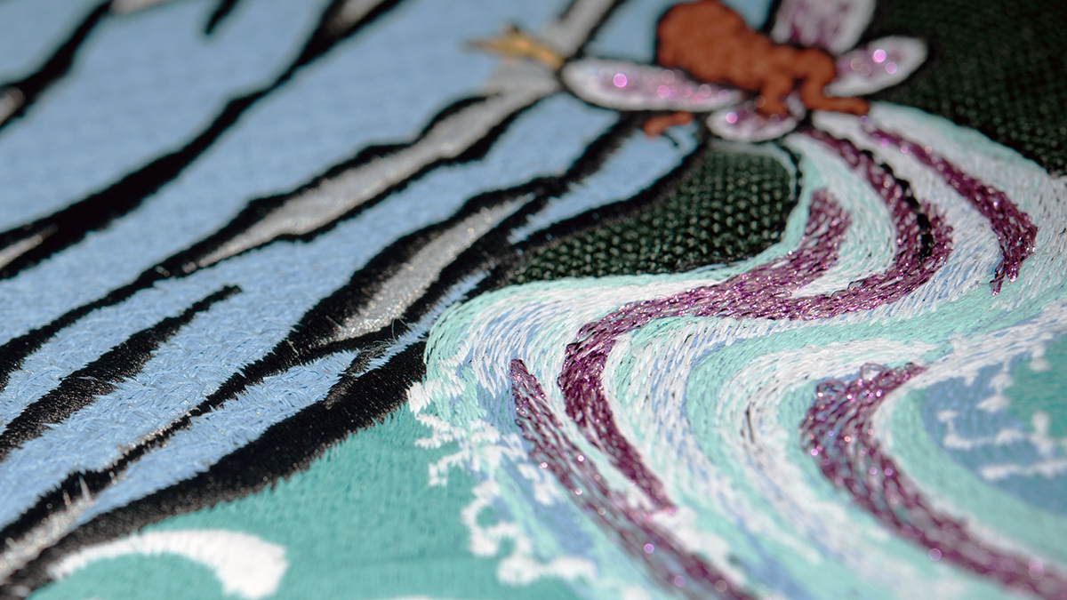 close up colourful embroidery design